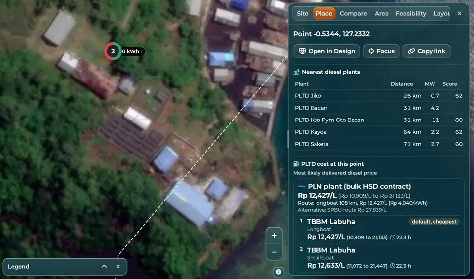 Satellite map with the nearest diesel plants and the delivered diesel price for each route